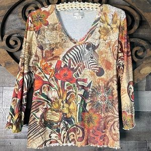 90s y2k Top Embellished Rhinestone Zebra Safari Floral Lettuce Trim Tee